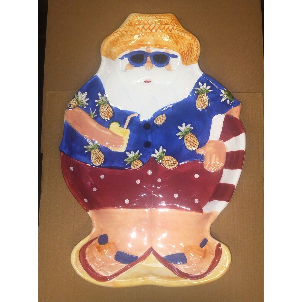 2005 Young's Inc. Heartfelt Kitchen Creations Ceramic Beach Santa Claus Platter